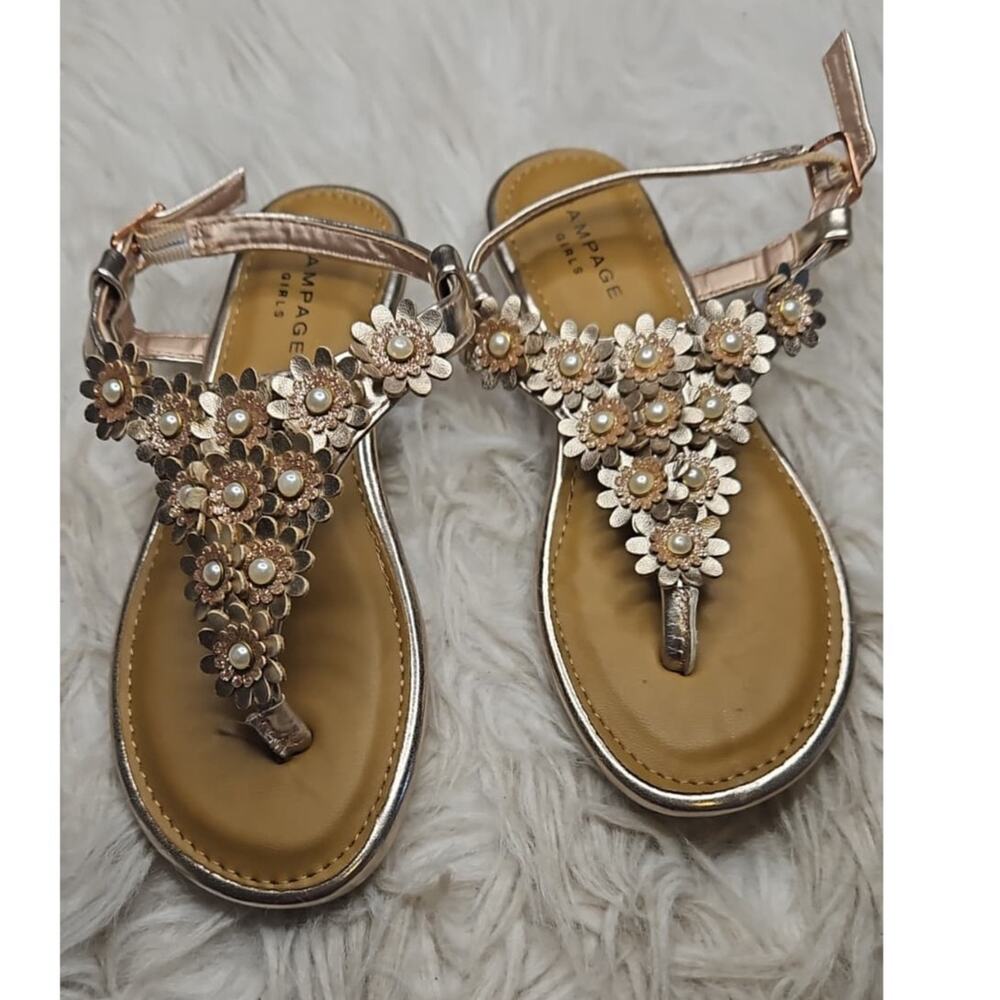 Rampage Girls Floral Pearl Sandals - Rose Gold Metallic - Size 1 - Picture 3 of 5